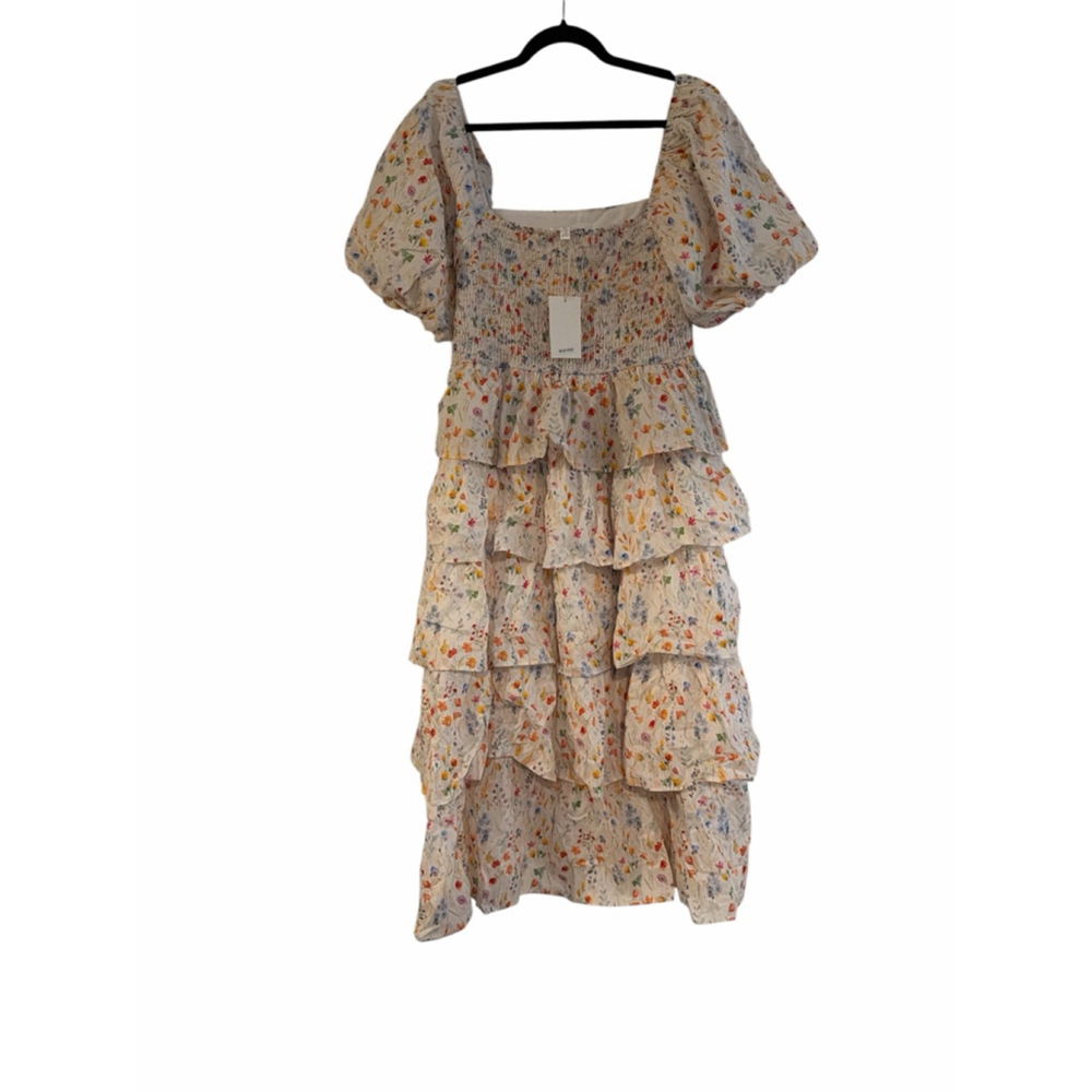 Lovelo Floral Ruffle Mini Dress - Creamy Botanical Print - Puffy Sleeves - NWT - - Picture 3 of 8